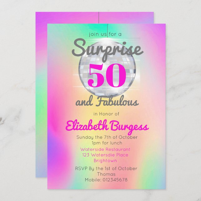 Invitación 50 Fabulosa Disco Tie Dye Moda Rosa Cumpleaños (Anverso / Reverso)