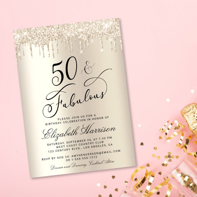 Invitación 50 Fabulosa fiesta de cumpleaños de Purpurina Cham (Celebrate her 50 years of sparkle with an elegant gold glitter birthday party invitation  🎉 🎂 🥂)