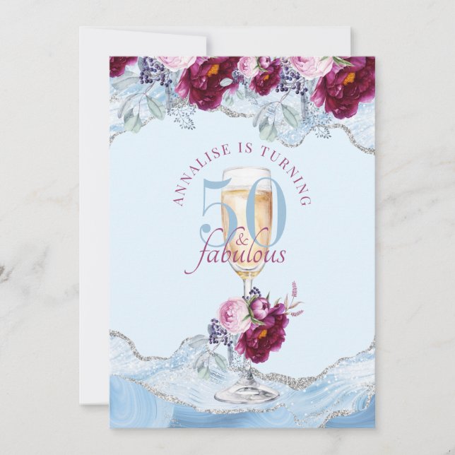 Invitación 50 Fabulosa fiesta de cumpleaños floral Blue Agate (Anverso)