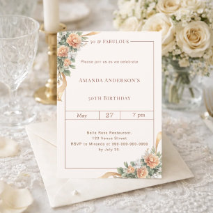 Invitación 50 fabulosas flores de cumpleaños de oro marfil me