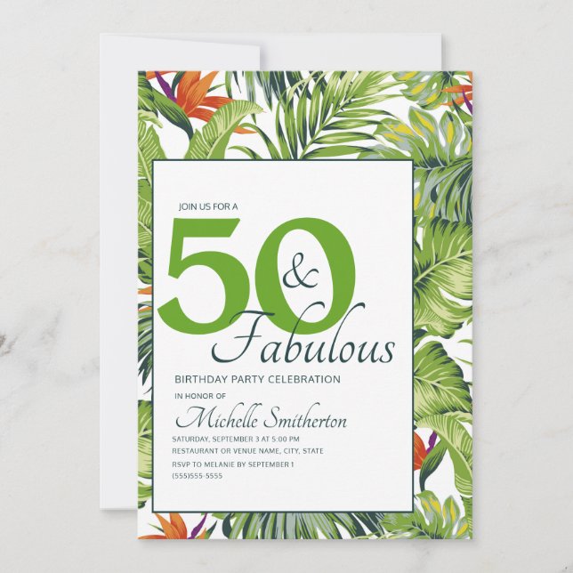 Invitación 50 Fabulosas hojas tropicales de cumpleaños Naranj (Anverso)