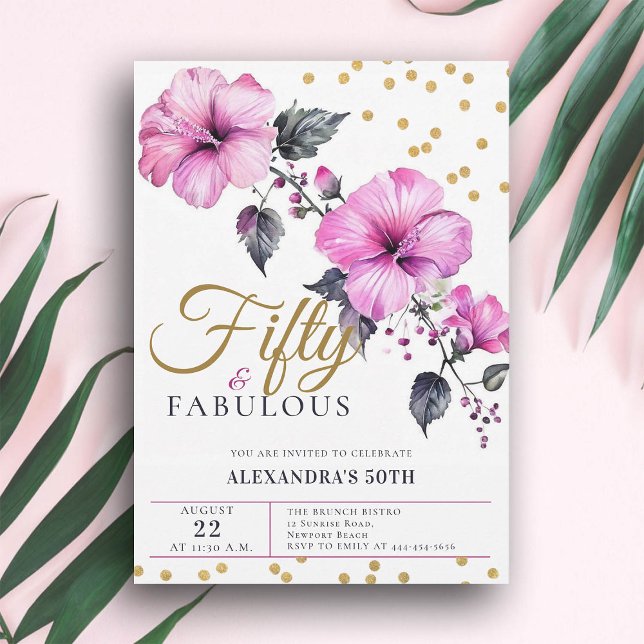 Invitación 50 Fabuloso Audaz Hibiscus Tropical 50 cumpleaños (50 and fabulous hibiscus tropical floral birthday party invitation)