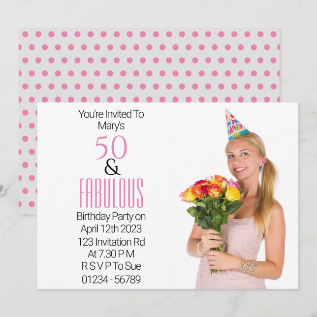 Invitación 50 Fabuloso Birthday Pink Black Text (Anverso / Reverso)