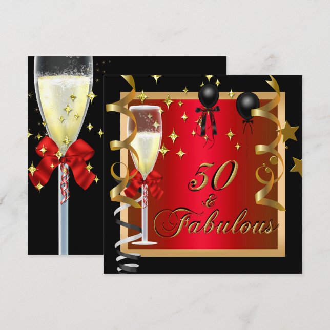 Invitación 50 Fabuloso Cumpleaños de Rojo Dorado Negro (Anverso / Reverso)
