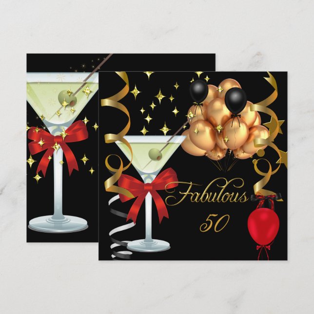 Invitación 50 Fabuloso Cumpleaños Fiesta Martini Rojo Dorado  (Anverso / Reverso)