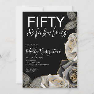 Invitación 50 & Fabuloso Cumpleaños Floral Oro y Negro