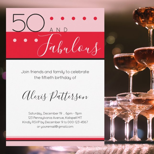 Invitación 50 Fabuloso cumpleaños Rosa Rojo Moderno (Subido por el creador)
