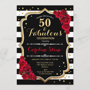 Invitación 50 fabuloso cumpleaños - Rosas franjas blancas neg