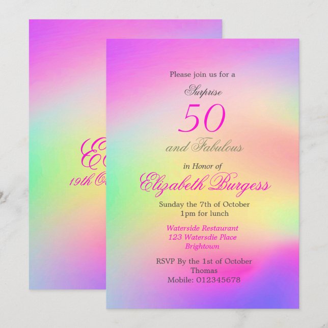 Invitación 50 Fabuloso Día de cumpleaños de la Moda rosa de l (Anverso / Reverso)