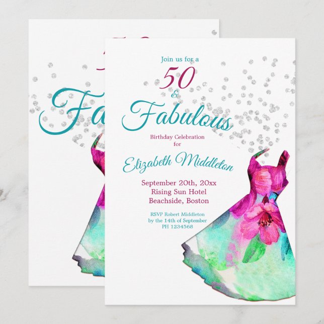 Invitación 50 Fabuloso Elegante Purpurina Vestido Floral Cump (Anverso / Reverso)