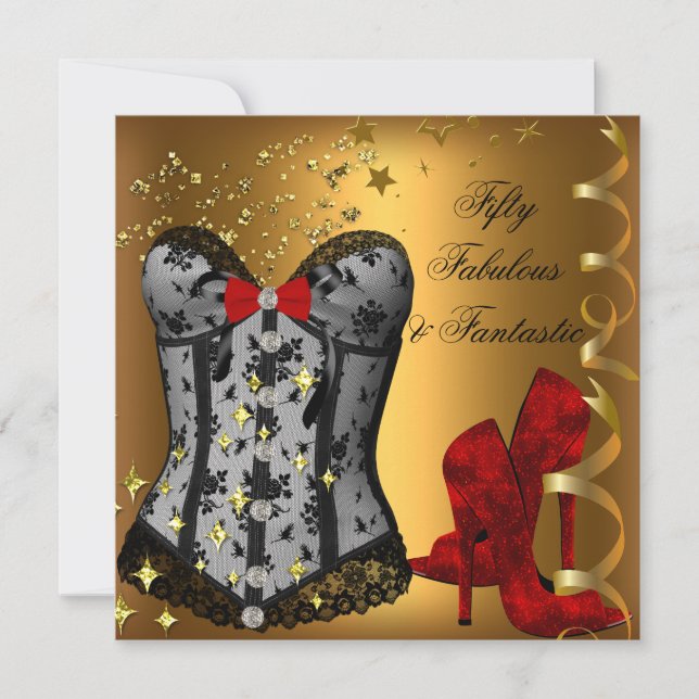 Invitación 50 & Fabuloso Fantástico Cumpleaños Rojo Negro Oro (Anverso)