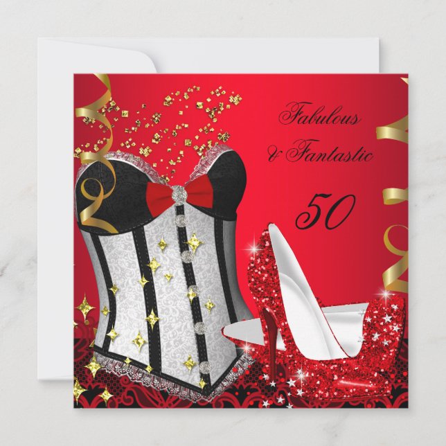 Invitación 50 & Fabuloso Fantástico Cumpleaños Rojo Negro Oro (Anverso)