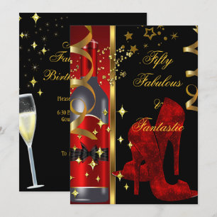 Invitación 50 & Fabuloso Fantástico Cumpleaños Rojo Negro Oro