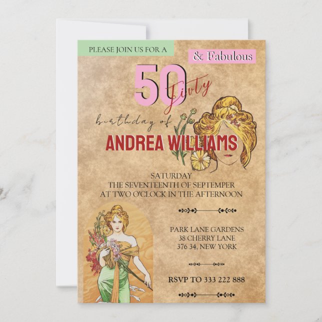 Invitación 50 Fabuloso, fiesta de cumpleaños, arte, diosa de  (Anverso)