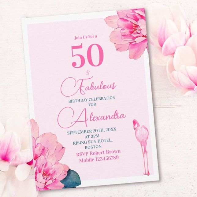 Invitación 50 Fabuloso Flamingo Moda Floral Rosa Cumpleaños (Subido por el creador)