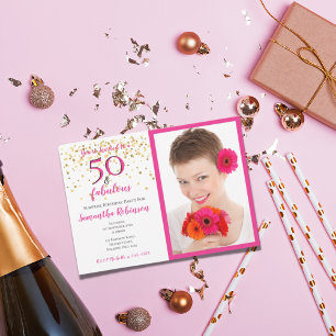 Invitación 50 & Fabuloso Foto Pink Blanco Chevron Puntos Dora