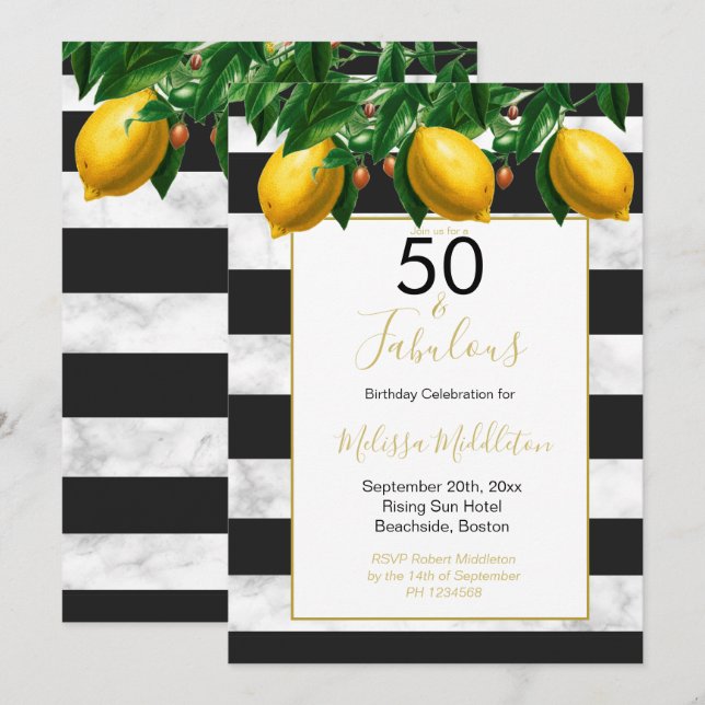 Invitación 50 Fabuloso Lemon Black Stripe Marble (Anverso / Reverso)