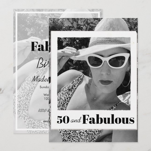 Invitación 50 Fabuloso marco de foto blanco negro de cumpleañ (Anverso / Reverso)