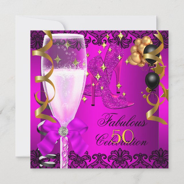Invitación 50 Fabuloso Oro Negro Rosa 50.º Fiesta de Champagn (Anverso)