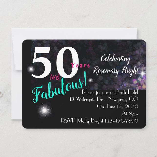 Invitación 50 fabuloso, purpurina en negro, versátil (Anverso)
