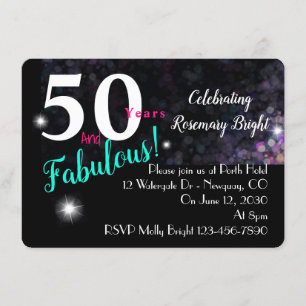 Invitación 50 fabuloso, purpurina en negro, versátil