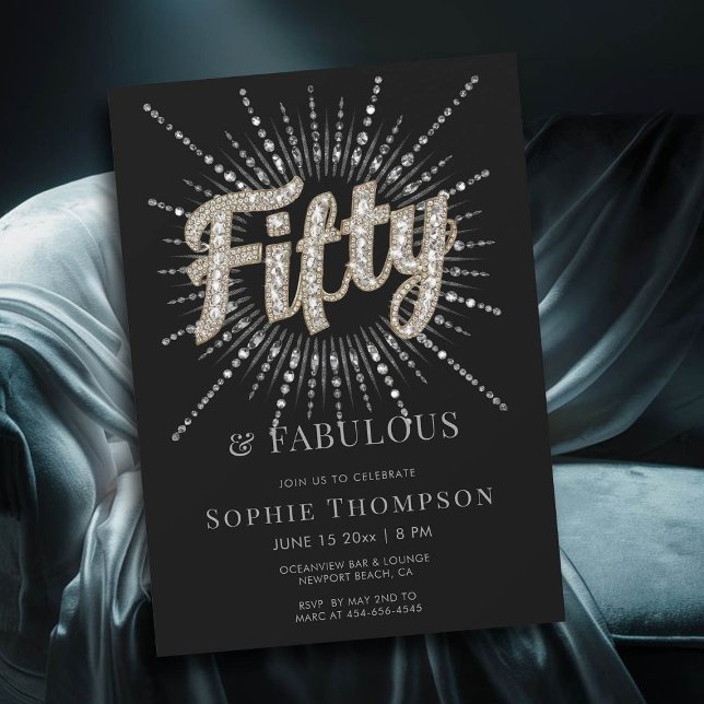 Invitación 50 Fabuloso Purpurina Glam Burst Black 50 cumpleañ (50 and fabulous glitter glam modern black invitation)