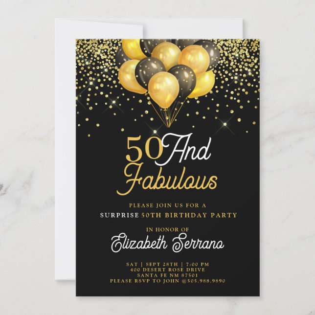Invitación 50 Fabuloso Purpurina negro de oro de cumpleaños s (Anverso)