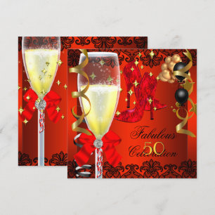 Invitación 50 Fabuloso Red Black Gold 50.º Fiesta de champán