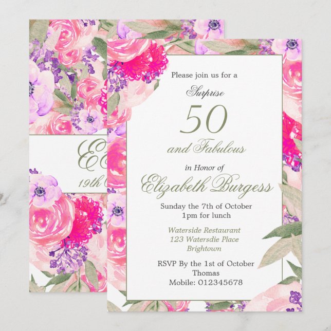 Invitación 50 Fabuloso Rosa Floral Rosa Moda Cumpleaños (Anverso / Reverso)