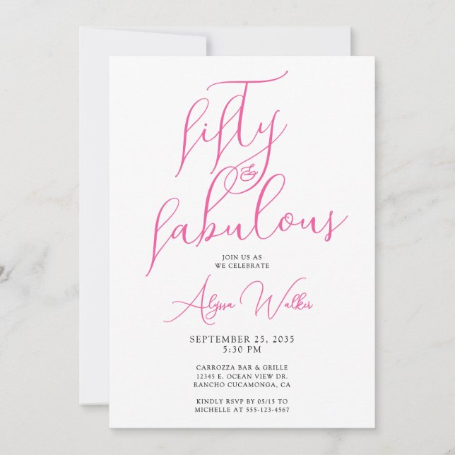 Invitación 50 & Fabuloso Rosa Moderno Script Cumpleaños 50  (Anverso)