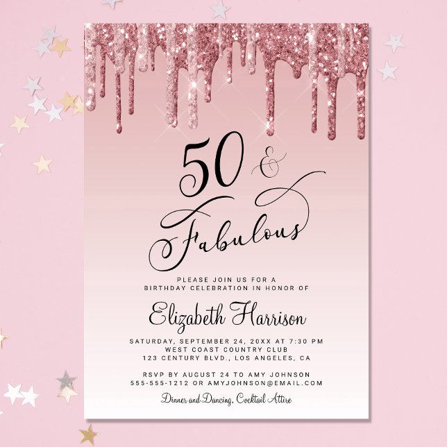 Invitación 50 Fabuloso Rosa Purpurina Fiesta de Cumpleaños Ro (Celebrate her 50 years of sparkle with an elegant glitter birthday party invitation )