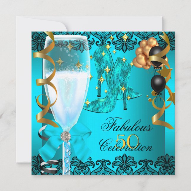 Invitación 50 Fabuloso Verde azulado Oro Negro 50.º Fiesta de (Anverso)