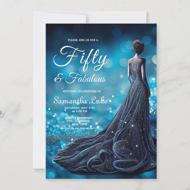 Invitación 50 Fabuloso vestido Purpurina Blue Silver Cumpleañ (Anverso)