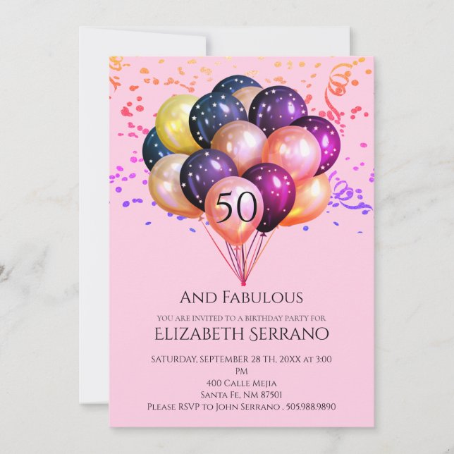 Invitación 50 Fabulosos globos metálicos de cumpleaños rosa (Anverso)