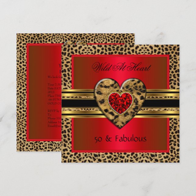 Invitación 50 & fabulosos Leopardo Salvaje de Corazón Negro D (Anverso / Reverso)