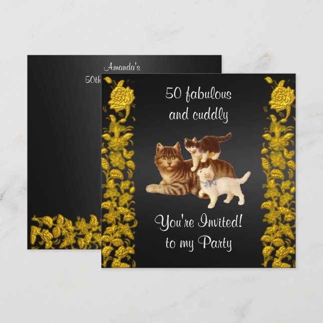 Invitación 50 Fabulosos y cariñosos gatos de fiesta de cumple (Anverso / Reverso)