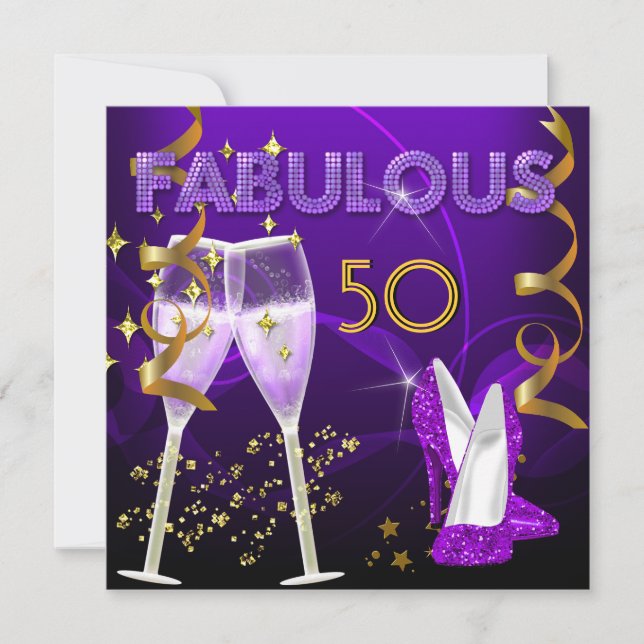 Invitación 50 Fabulosos zapatos de champán de oro morado (Anverso)