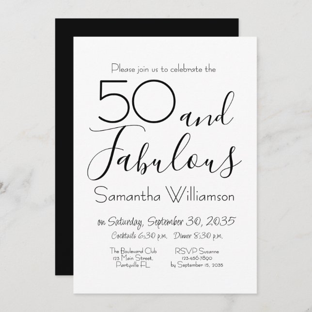 Invitación 50 & Fabulous 50th Birthday Party Black Elegant (Anverso / Reverso)