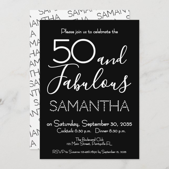 Invitación 50 & Fabulous 50th Birthday Party Black Elegant (Anverso / Reverso)