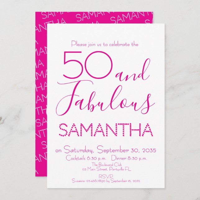 Invitación 50 & Fabulous 50th Birthday Party Pink Elegant (Anverso / Reverso)
