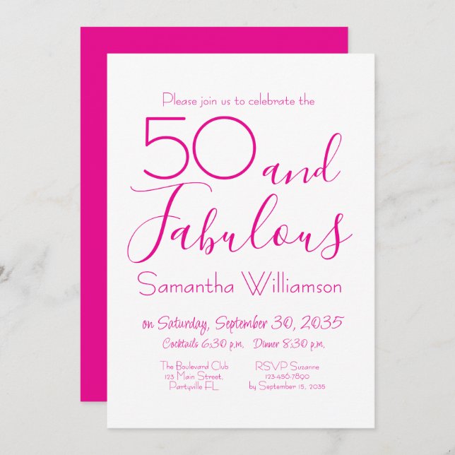 Invitación 50 & Fabulous 50th Birthday Party Pink Elegant (Anverso / Reverso)