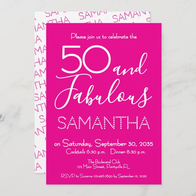 Invitación 50 & Fabulous 50th Birthday Party Pink Elegant (Anverso / Reverso)