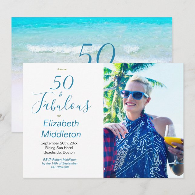 Invitación 50 Fabulous Beach Blue Modern Photo Typography (Anverso / Reverso)