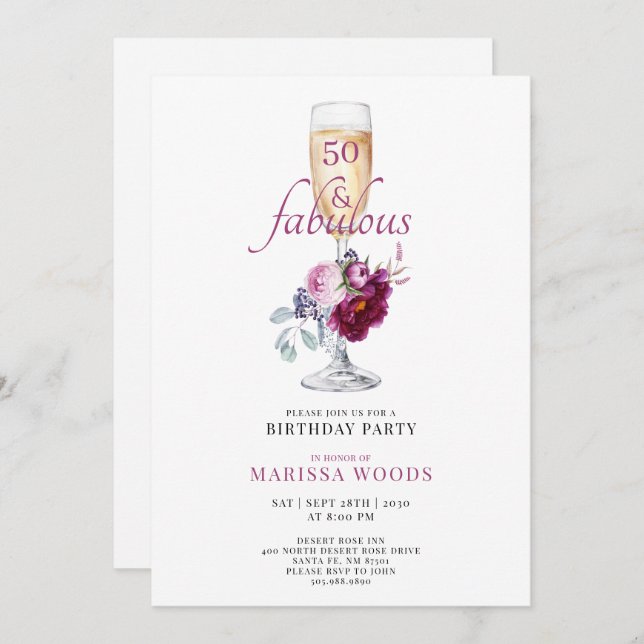 Invitación 50 Fabulous Champagne Floral Birthday Invitation (Anverso / Reverso)