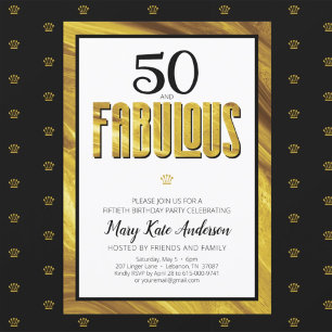 Invitación 50 Fabulous Gold Black Metallic Modern Birthday