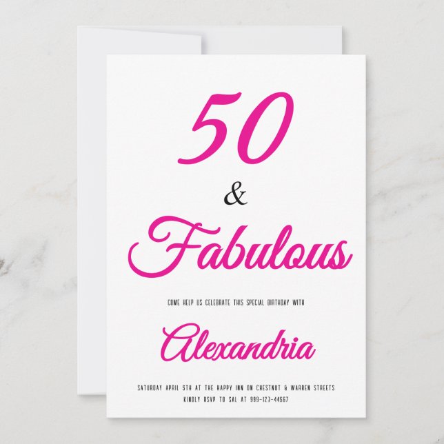 Invitación  50 & Fabulous Hot Pink Black 50th Birthday  (Anverso)