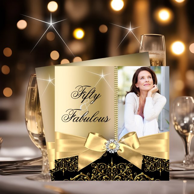 Invitación 50 & Fabulous Photo Gold Black Bow 50th Birthday (Subido por el creador)