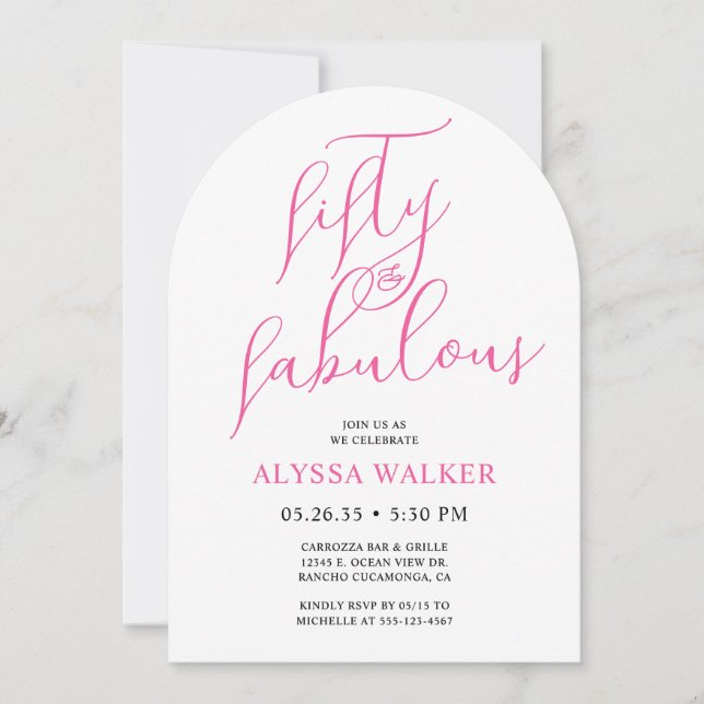 Invitación 50 & Fabulous Pink Modern Script 50th Birthday  (Anverso)