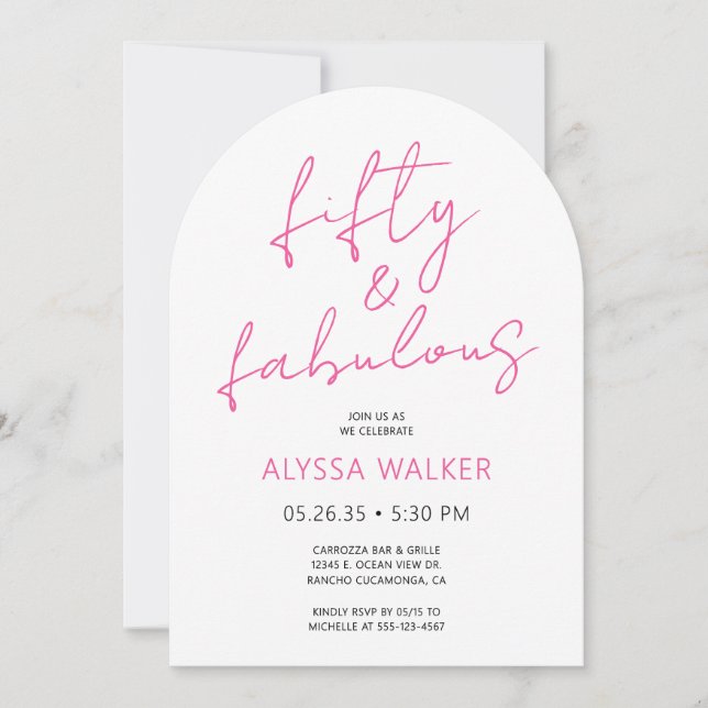 Invitación 50 & Fabulous Pink Modern Script 50th Birthday  (Anverso)