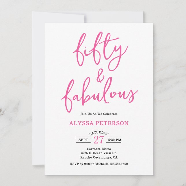 Invitación 50 & Fabulous Pink Modern Script 50th Birthday  (Anverso)